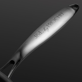 Prochef 28cm Tri-Ply Stainless Steel Saut&eacute; Pan handle close-up, showing engraved J&L by Prochef branding on brushed steel finish