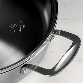 Prochef 28cm Tri-Ply Stainless Steel Saut&eacute; Pan, close-up of dual handles and non-stick interior with script branding detail