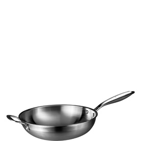 Prochef 30cm Tri-Ply Stainless Steel Wok with long handle and side helper handle, polished finish