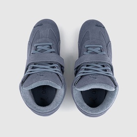 Puma high-top trainers in gray sky, suede-effect upper with lace-up fastening and strap detail, viewed from above