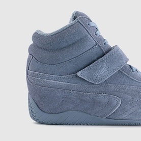Puma high-top sneaker in gray sky, suede upper with velcro strap and tonal laces, rubber sole