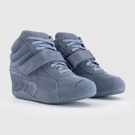 Puma gray sky high-top suede trainers with velcro strap, lace-up front, and tonal rubber sole, shown as a pair