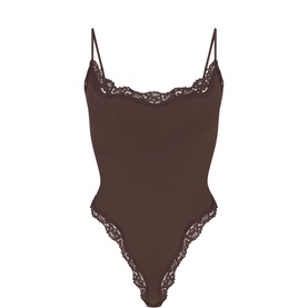 Skims Dark Brown bodysuit with lace-trimmed neckline and leg openings, thin adjustable straps, smooth stretch fabric