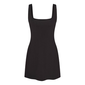 Skims black sleeveless mini dress with square neckline, fitted silhouette and A-line skirt, shown as a flat product shot.