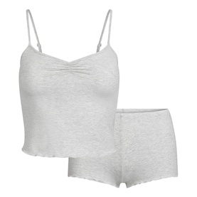 Skims light heather grey ribbed cami and shorts pyjama set with ruched bust detail and lettuce-edge trim
