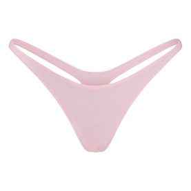 Skims pink thong with double-strap waistband detail, smooth fabric finish, flat product shot.