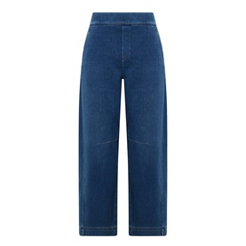 Spanx Denim Barrel Leg Track Pants in dark blue, high-rise cropped barrel leg, covered elasticated waistband, tobacco stitching, clean hems