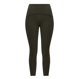 Dark olive green high-waist full-length leggings with wide waistband, shown flat on white background