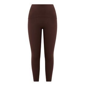 Dark brown high-waisted full-length leggings with wide waistband, shown flat against white background