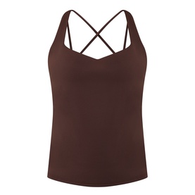 Dark brown sleeveless cami top with V-neckline and criss-cross back straps, fitted silhouette
