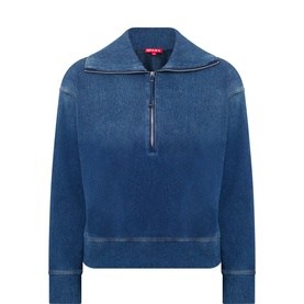 Spanx Denim Half-Zip Sweatshirt in dark blue with fold-down collar, half-zip fastening, dropped shoulders and slightly cropped length