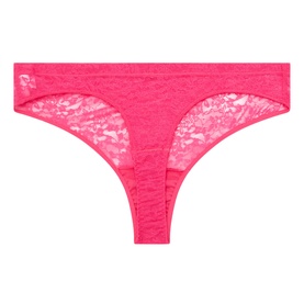 Spanx thong in Siren Pink, allover floral lace fabric with elastane blend and cotton gusset