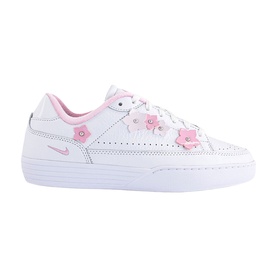 Nike low-top white leather trainers with pink floral appliqu&eacute; detailing, pink Nike swoosh, and white cupsole