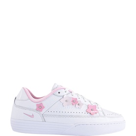 Nike low-top white leather trainers with pink floral appliqu&eacute; detailing, pink Nike swoosh, and white cupsole