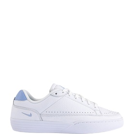 Nike Court Vintage Premium trainer in white leather with light blue heel tab and swoosh, white flat sole