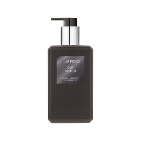 Tom Ford Oud Wood Hand and Body Moisturiser in a dark pump dispenser bottle with silver pump head
