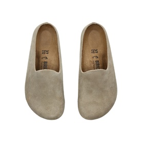 Birkenstock Amsterdam Wrapped Suede Flats in brown, overhead view showing tan suede uppers and contoured cork footbed lining