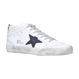 Golden Goose Mid Star trainer in white leather with navy star motif, grey laces, and distressed flatform sole