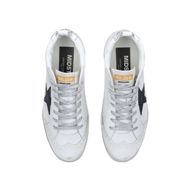 Golden Goose white leather high-top trainers, top-down view showing black side panel, star detail, and white laces