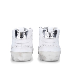 Golden Goose white high-top leather trainers, rear view, silver logo tab at ankle, distressed white sole