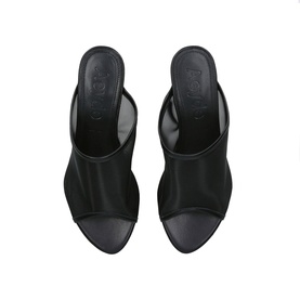 Aeyde Suzanne Mesh Wedges in black, overhead view showing open-toe mule silhouette with fabric and leather construction on wedge heel
