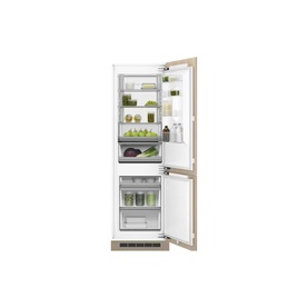 Fisher & Paykel Series 5 Integrated Fridge Freezer, open door view showing interior shelving, salad drawer, and freezer compartment below