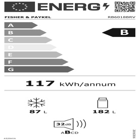 Fisher & Paykel Series 5 Integrated Fridge Freezer EU energy label, rated B, 117 kWh/annum, 87L freezer, 182L fridge, 32dB noise rating.
