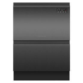 Fisher & Paykel Series 7 Contemporary Double DishDrawer&trade; Dishwasher in black, front-facing view with dual drawer design and control panel