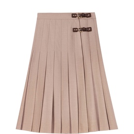 Maje pleated midi skirt in beige with dark brown buckle details at the waistband, knife pleats throughout