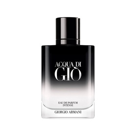 Armani Beauty Acqua di Gio Homme Eau de Parfum Intense, black and clear glass bottle with white label detailing.