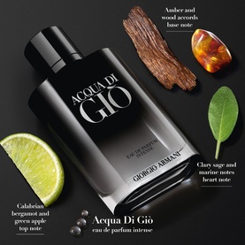 Armani Beauty Acqua di Gio Homme Eau de Parfum Intense bottle with fragrance notes including citrus, wood, and amber ingredients displayed around it.