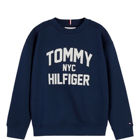 Tommy Hilfiger children's dark blue crew neck sweatshirt with large varsity-style NYC logo graphic on chest