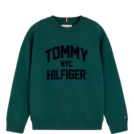 Tommy Hilfiger children's Rural Green crew neck sweatshirt with large flocked NYC logo print to chest