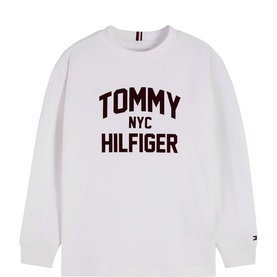 Tommy Hilfiger children's white crew neck sweatshirt with navy NYC logo graphic print, long sleeves and flag badge detail