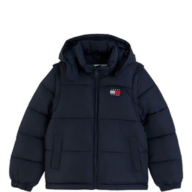 Tommy Hilfiger children's dark blue hooded puffer jacket with quilted panels, zip fastening, and logo badge on chest.