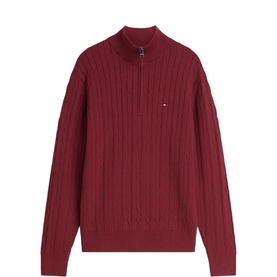 Tommy Hilfiger burgundy cable-knit half-zip jumper with mock neck and logo flag badge