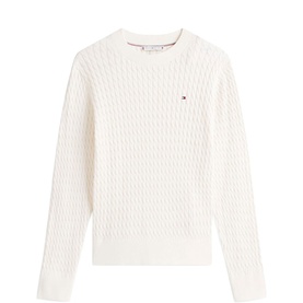 Tommy Hilfiger Ivory Petal cable-knit crew-neck jumper with long sleeves and embroidered logo chest badge.