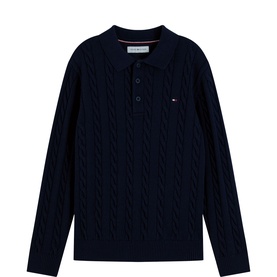 Tommy Hilfiger children's dark blue cable-knit polo sweater with long sleeves, three-button placket and logo flag detail
