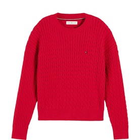 Tommy Hilfiger children's red cable-knit crew-neck jumper with embroidered flag logo, long sleeves