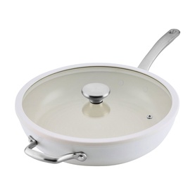 Circulon Halo LaserDefense&trade; Non Stick Ceramic Frying Pan with Lid 30cm in white with glass lid and silver handles