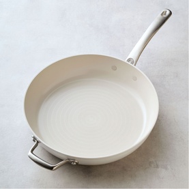 Circulon Halo LaserDefense&trade; Non Stick Ceramic Frying Pan 30cm in white with silver helper handle, shown without lid on grey surface.