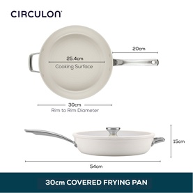 Circulon Halo LaserDefense Non Stick Ceramic 30cm Frying Pan with Lid in white, with dimension annotations showing 54cm total width and 15cm height.