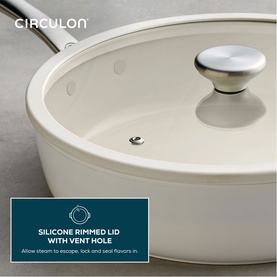 Circulon Halo LaserDefense Non Stick Ceramic Saut&eacute; Pan 30cm in white, close-up showing glass lid with silicone rim and stainless steel knob.