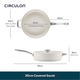 Circulon Halo LaserDefense Non Stick Ceramic Saut&eacute; Pan 30cm in white with lid, annotated diagram showing 27cm cooking surface and 55cm total width.