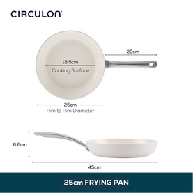 Circulon Halo LaserDefense&trade; Non Stick Ceramic Frying Pan 25cm in white, shown with dimension annotations: 20cm width, 45cm length, 6.6cm depth.