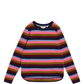 White Stuff pink multi-stripe long-sleeve crew neck knit jumper with curved hem, in navy, pink, lilac and olive stripes