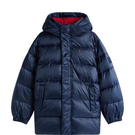 Tommy Hilfiger children's dark blue hooded puffer jacket with zip fastening, quilted panels, and red lining detail