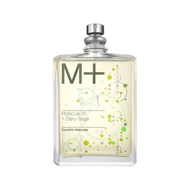 Escentric Molecules Molecule 01 + Clary Sage EDT, clear rectangular bottle with silver cap and green botanical print label