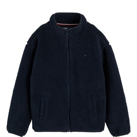 Tommy Hilfiger children's dark blue sherpa fleece zip-up jacket with stand collar, side pockets, and embroidered logo