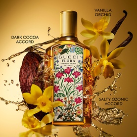Gucci Flora Gorgeous Orchid Intense EDP bottle with vanilla orchid, dark cocoa accord and salty ozonic accord notes on golden background